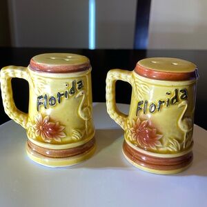 Vintage 70’s Ceramic Florida Souvenir Salt & Pepper Shakers -Mug-Raised Surface
